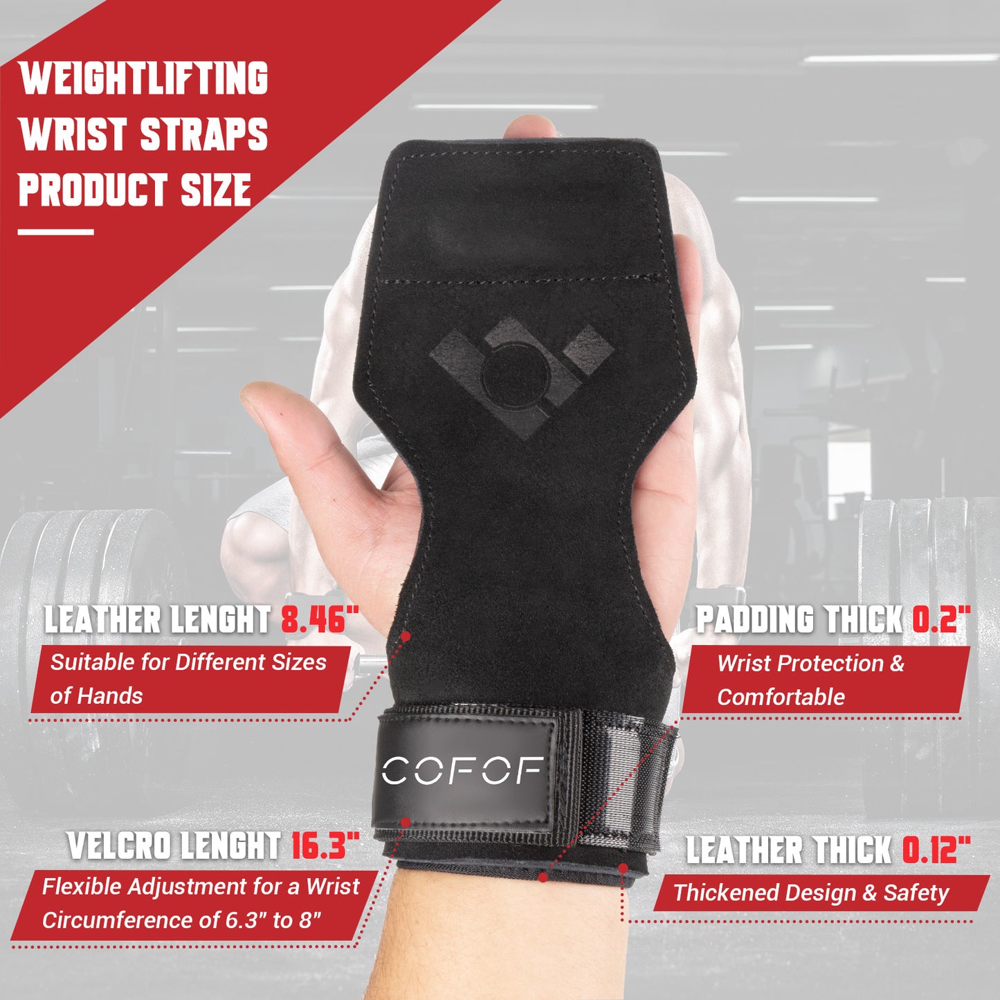 COFOF Weight Lifting Wrist Strap,Double Layer Leather Weightlifting Wrist Strap for Deadlift and Powerlifting, Adjustable Neoprene Padded Gym Workout Lifting Wrist Hooks for Men/Women(Pair)