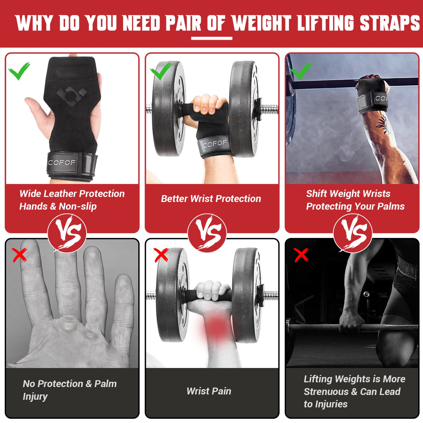 COFOF Weight Lifting Wrist Strap,Double Layer Leather Weightlifting Wrist Strap for Deadlift and Powerlifting, Adjustable Neoprene Padded Gym Workout Lifting Wrist Hooks for Men/Women(Pair)