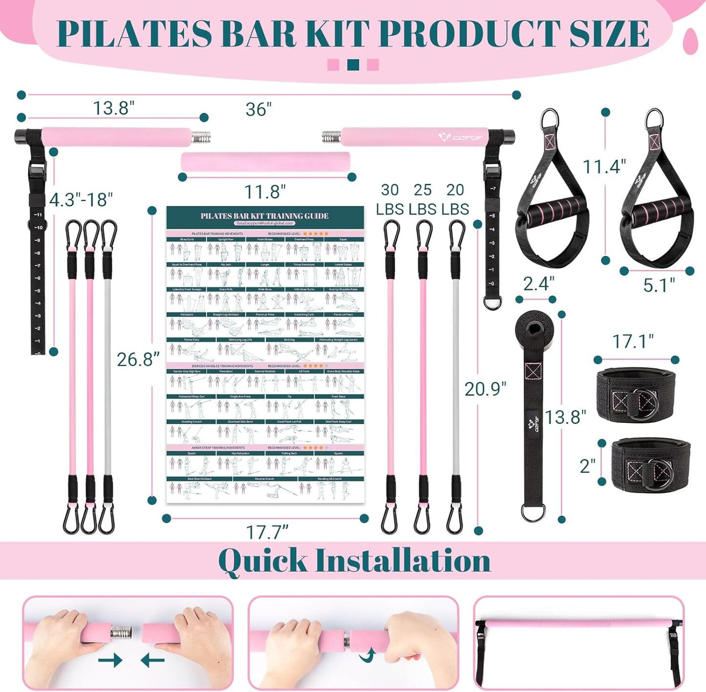 Pilates Bar Kit with Resistance Bands, Multifunctional Yoga Pilates Bar with Heavy-Duty Metal Adjustment Buckle, Portable Home Gym Pilates Resistance Bar Kit for Women Full Body Workouts