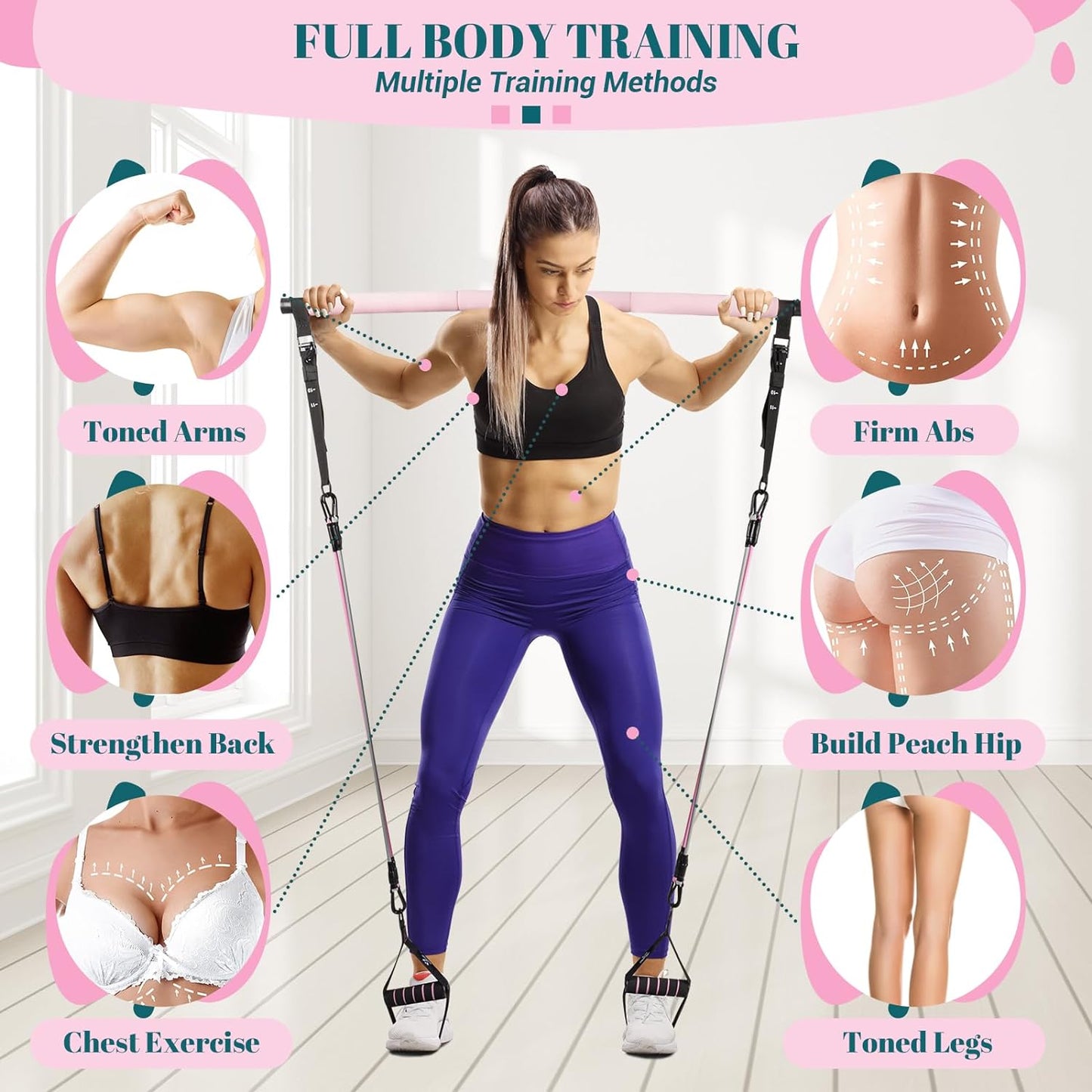 Pilates Bar Kit with Resistance Bands, Multifunctional Yoga Pilates Bar with Heavy-Duty Metal Adjustment Buckle, Portable Home Gym Pilates Resistance Bar Kit for Women Full Body Workouts