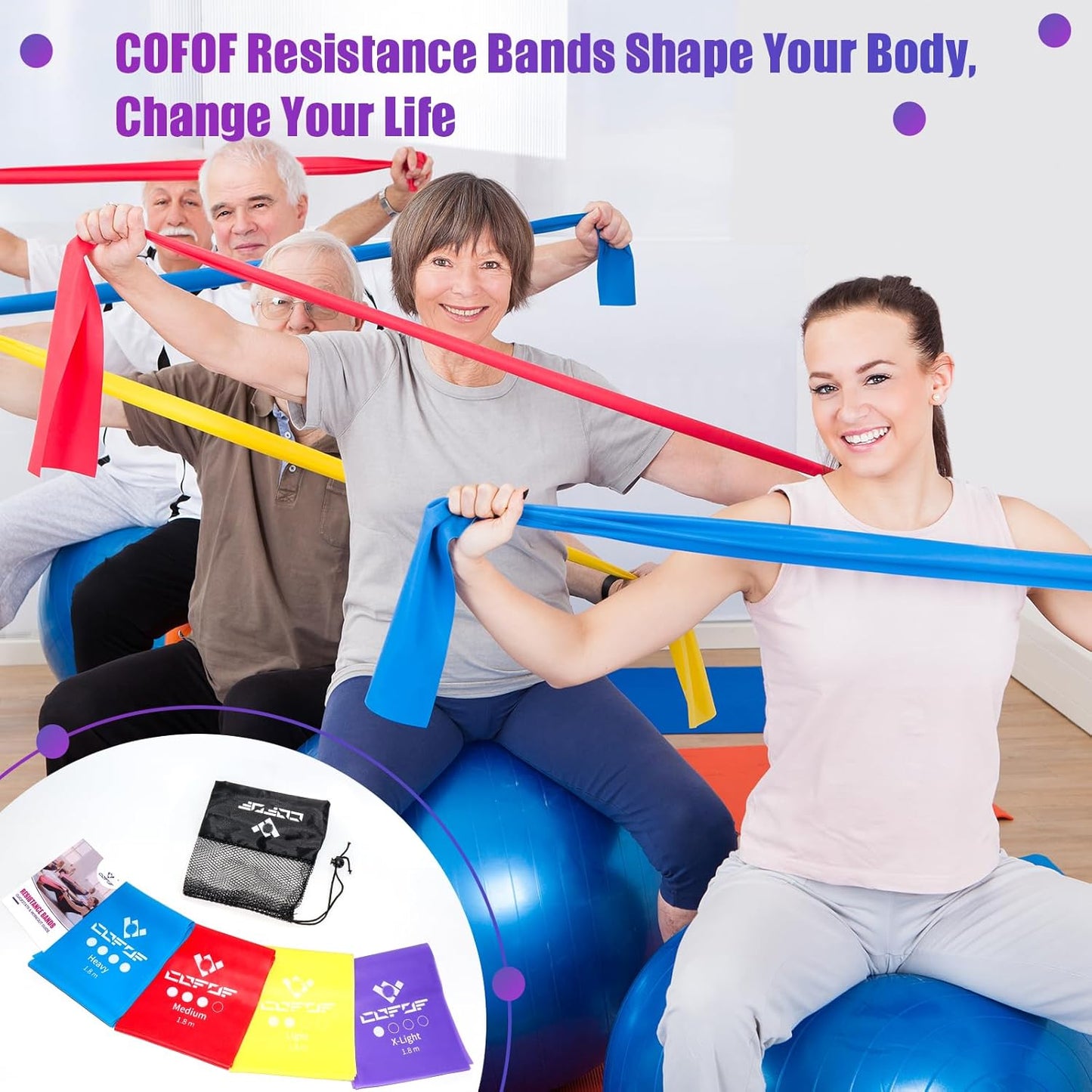 COFOF Fitnessbänder 4er-Set, Gymnastikband mit 4 Widerstandsstufen, Fitnessband mit Tragetasche & Übungsanleitung Geliefert Ideal für Yoga, Pilates