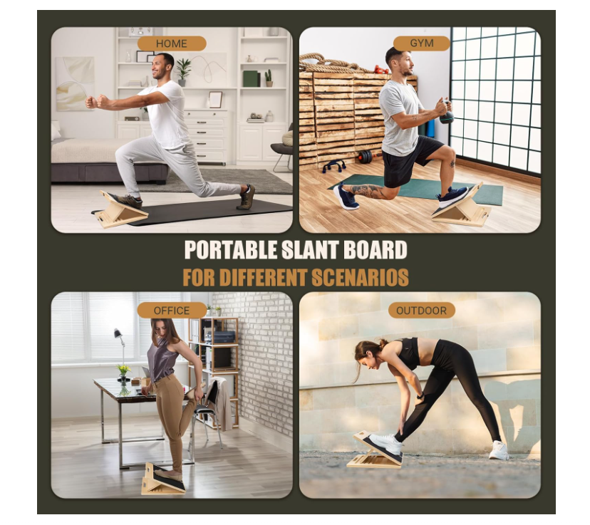 Slant Board, Adjustable Portable Wooden Stretch Mobility Board for Calf Stretcher with Training Poster & 2 TPE Bands, 300lb Weight Capacity Calf Stretch Wedge (Black)