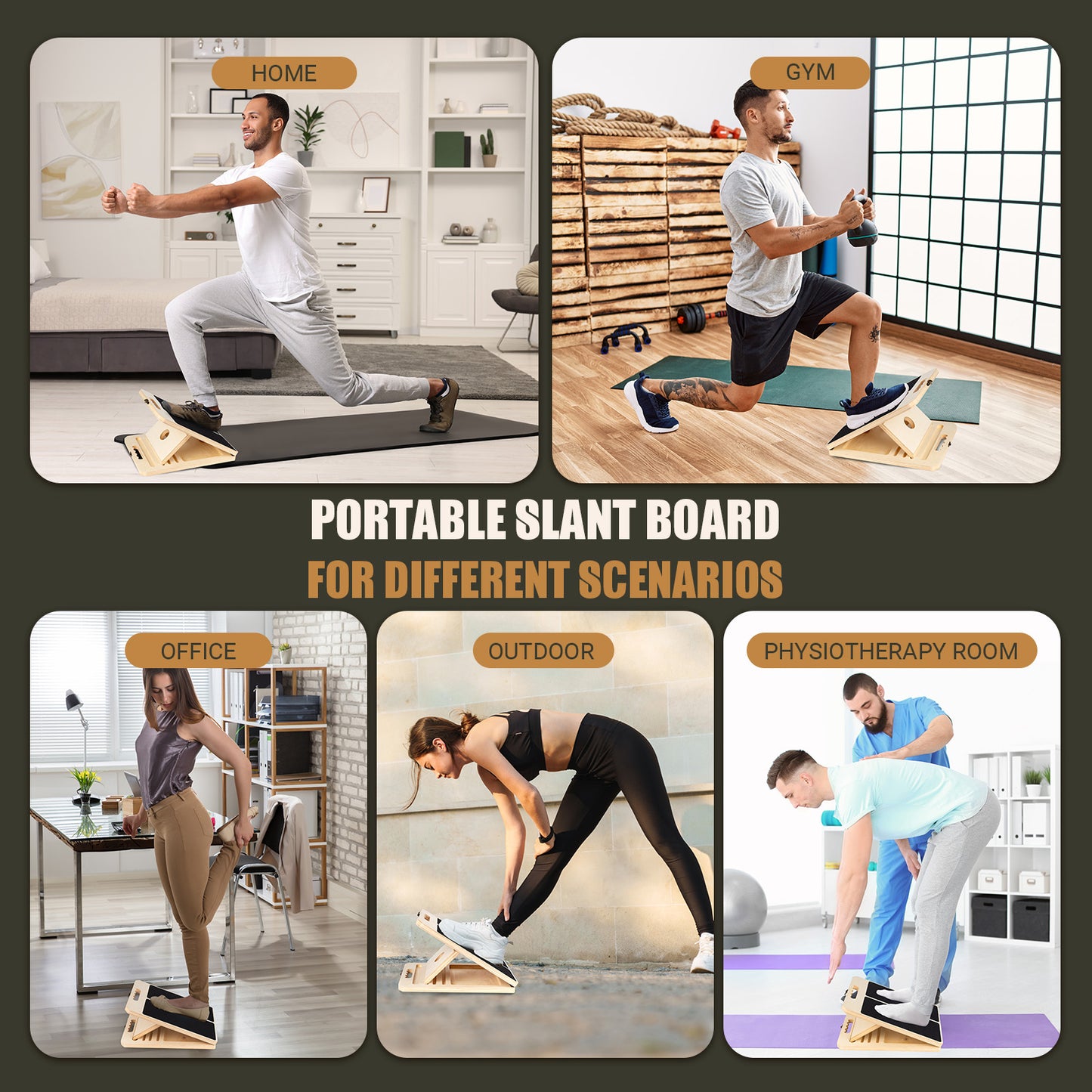 ODCPN Wooden Slant Board for Calf Stretching, Portable Adjustable Calf Stretch Board with Training Poster & Resistance Bands, 300lb Weight Capacity Calf Ankle Achilles Physical Therapy Leg Exercisers