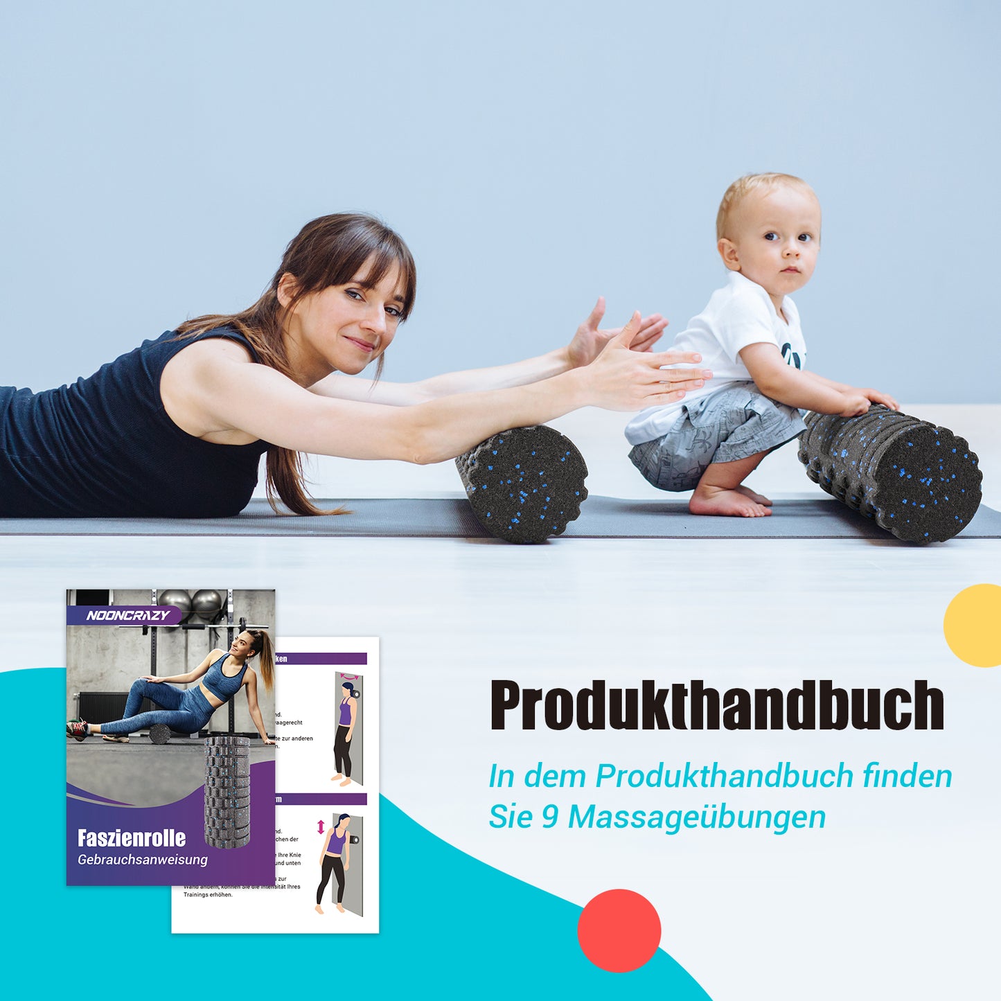 nooncrazy Faszienrolle mit 3D-Texturmassage, Foam Roller(33cm x 14cm) zur Muskelverspannungen lindern, mittlere Härte Selbstmassage Fazienrolle für rücken wirbelsäule Rücken Beine(Schwarz-blau)