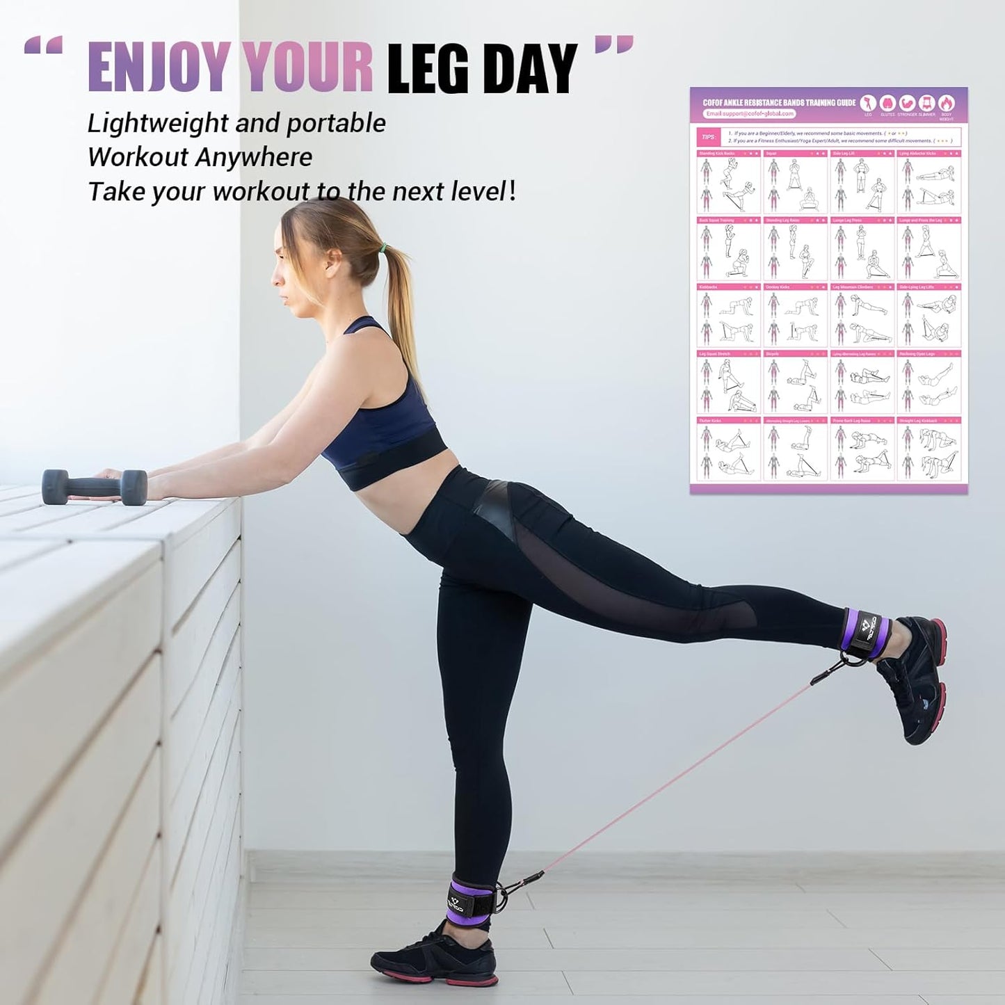COFOF Ankle Resistance Bands with Cuffs, Ankle Bands for Working Out, Kickbacks Hip, Leg Glute Exercise Equipment with Training Poster, Resistance Workout Equipment for Women
