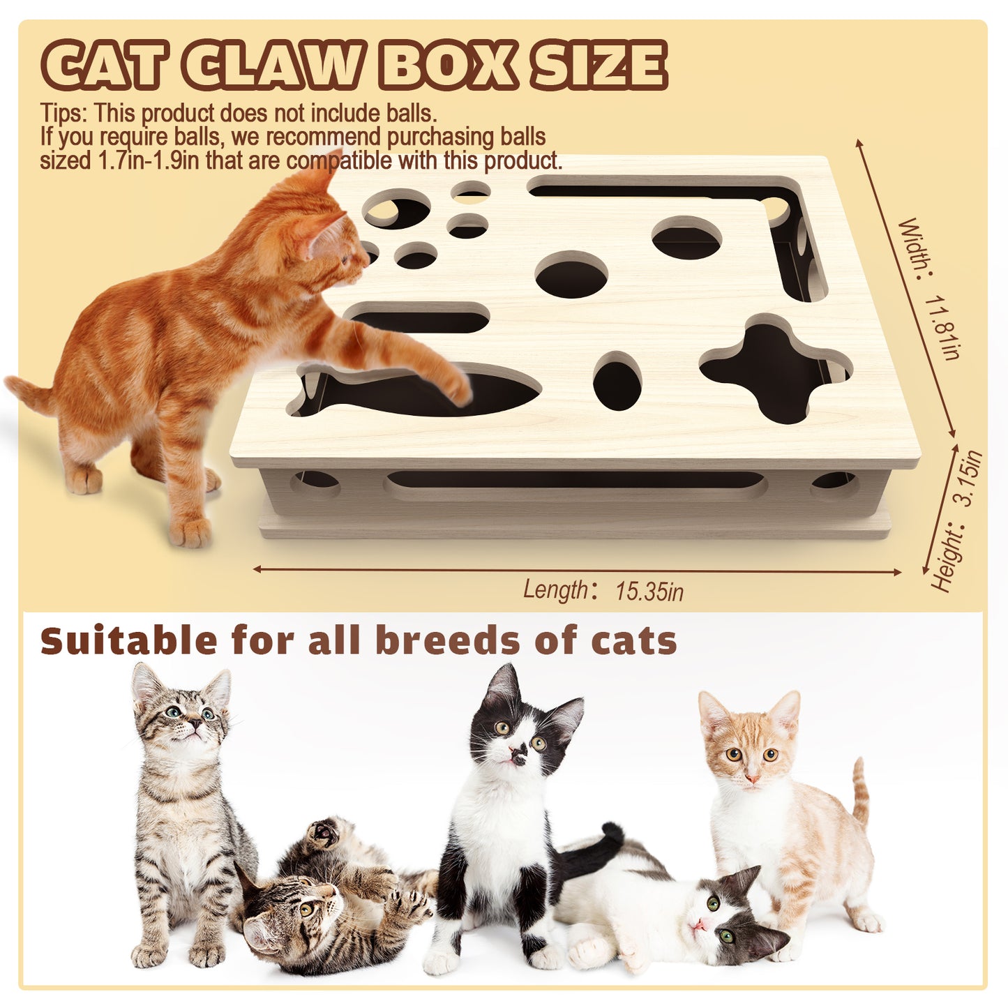 YangKu Cat Scratch Puzzle Enrichment Box, Large Solid Wood Construction Cat Nail File Enrichment Box with Sandpaper Inside, Cat Nail File Box Stress Free Alternative to Clippers and Grinders(No Bell Ball)