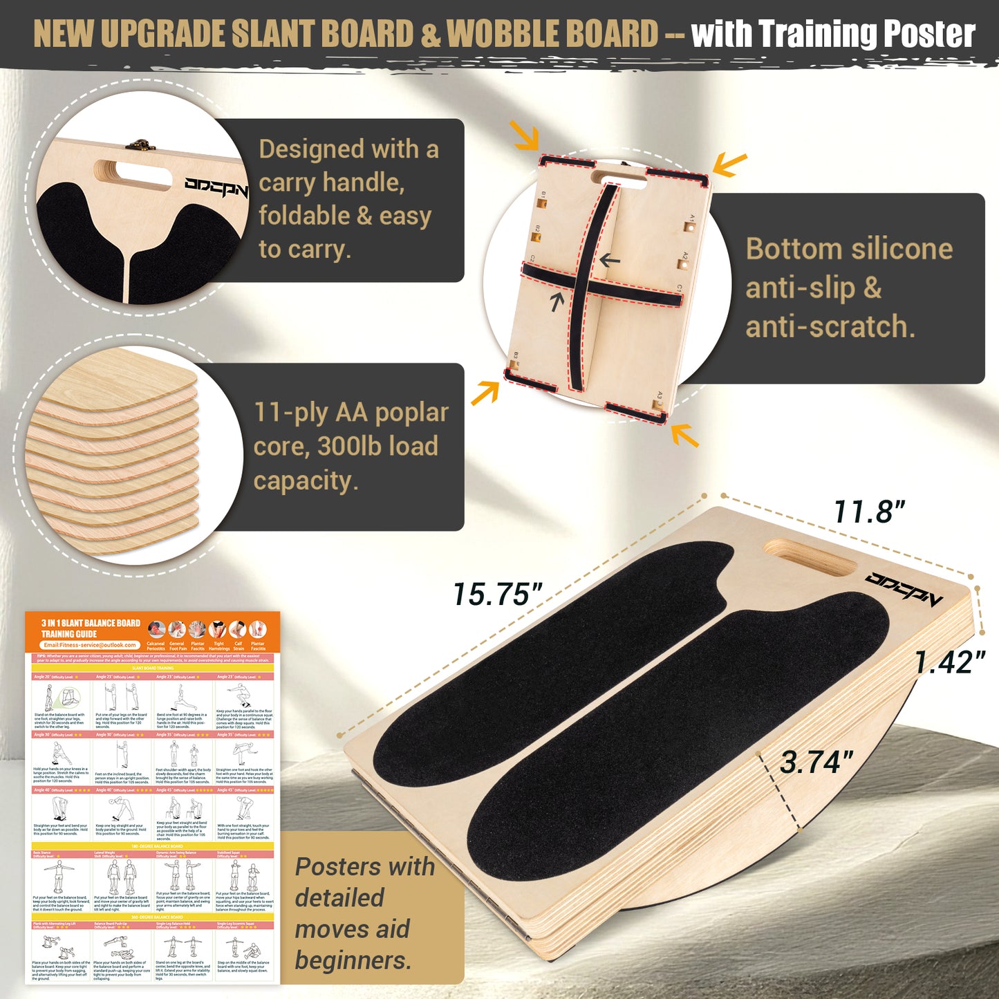 ODCPN 3-in-1 Slant Board & 180°/360° Balance Board, Portable 6 Angle Adjustable Calf Stretcher with Training Poster, Anti-Slip 300LBS Wobble Board for Physical Therapy, Standing Desk & Core Strength
