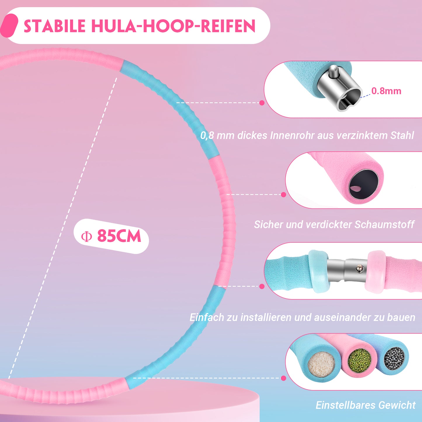 COFOF Hula Hoop Reifen Erwachsene, Abnehmbarer Hula Hoop Reifen mit Stabiler Edelstahlkern, Premium Schaumstoff, Gymnastikreifen für Fitness/Weight Loss/Massage (1,2 kg)