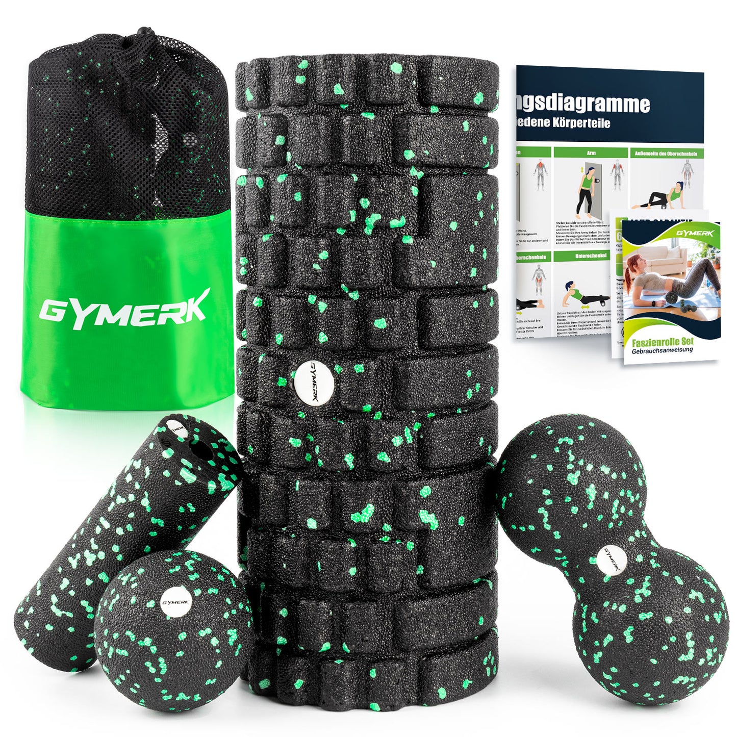 GYMERK Faszienrolle Set mit 3D-Texturmassage, Enthält Anweisungen und Poster in Deutscher Sprache Tragetasche, Faszien Set mit Faszienball Faszienrolle Klein Duoball