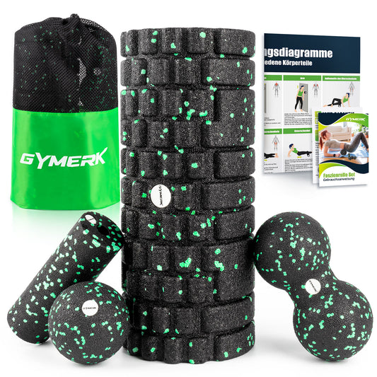 GYMERK Faszienrolle Set mit 3D-Texturmassage, Enthält Anweisungen und Poster in Deutscher Sprache Tragetasche, Faszien Set mit Faszienball Faszienrolle Klein Duoball