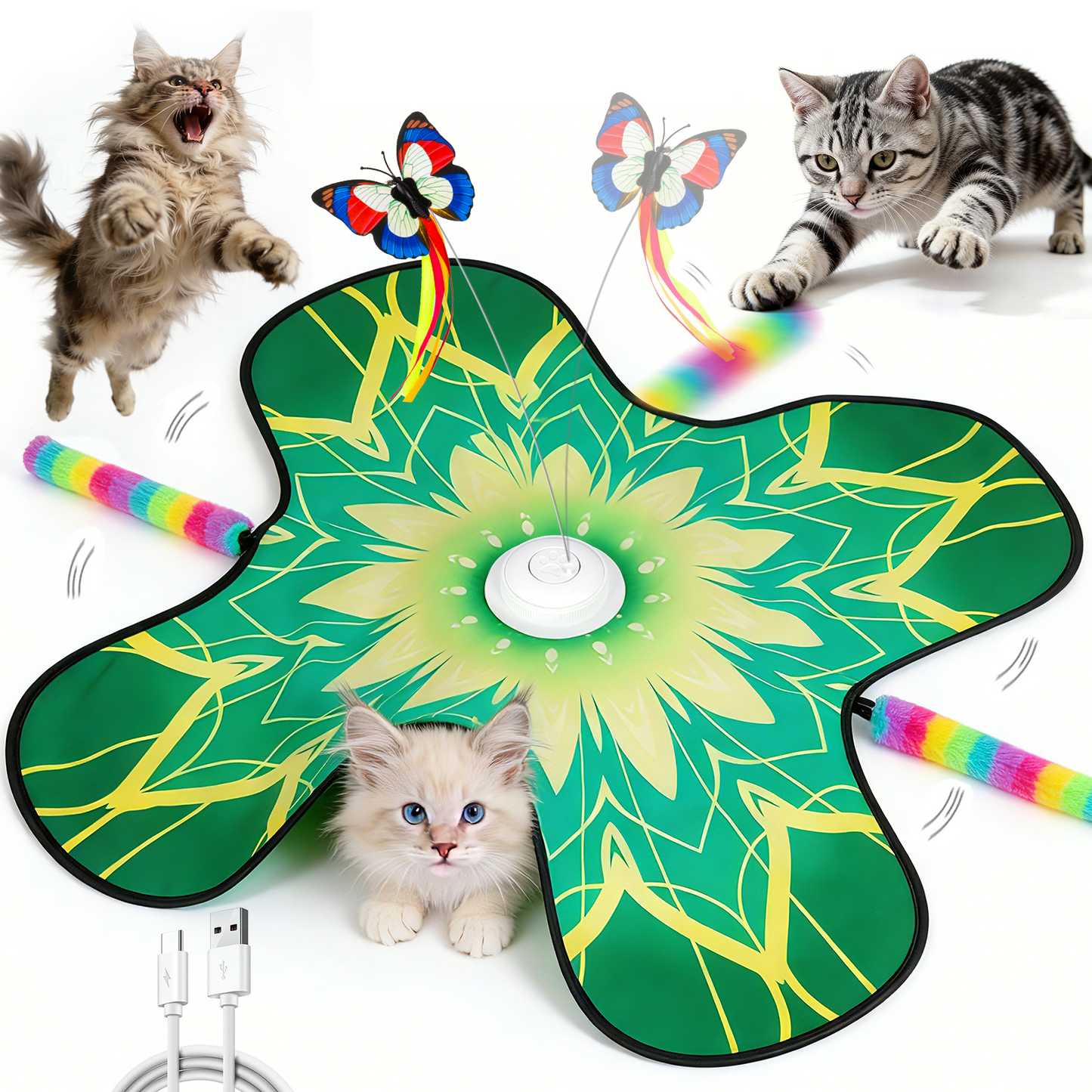 Hide  and Seek Cat Toy Mat, 3-in-1 Interactive Cat Toys for Indoor Cats with  Fluttering Butterfly & Moving Concealed Feathers, 3 Prey Sounds,  Rechargeable Auto Play Mat for Bored Adult Cats & Kittens