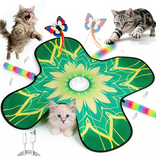 Hide and Seek Cat Toy Mat, 3-in-1 Interactive Cat Toys for Indoor Cats with Fluttering Butterfly & Moving Concealed Feathers, 3 Prey Sounds, Rechargeable Auto Play Mat for Bored Adult Cats & Kittens