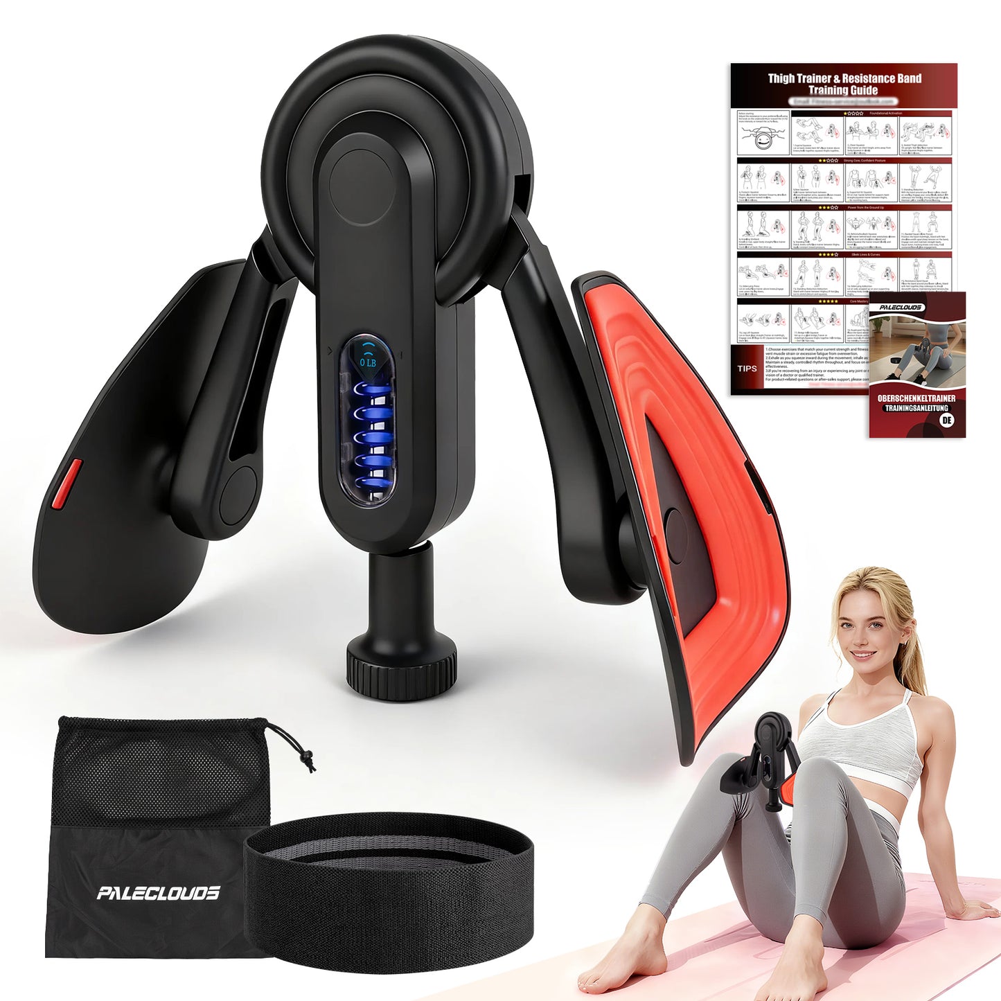 Paleclouds Thigh Trainer Thigh Exerciser, 10-100lb/45kg Adjustable Resistance Pelvic Floor Trainer with Leg Band & Poster for Kegel Exercise, Inner Thigh Exerciser for Home Gym Workout Equipment