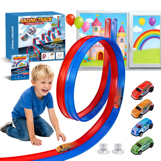 OPDEKEHA Flexible Race Track for Kids, 16.4FT Flexible Race Track with 2 Strong Screw Suction Cup & 4 Pull-Back Toy Cars, Portable DIY Flexible Racing Track Compatible with Diecast 1/64th Cars