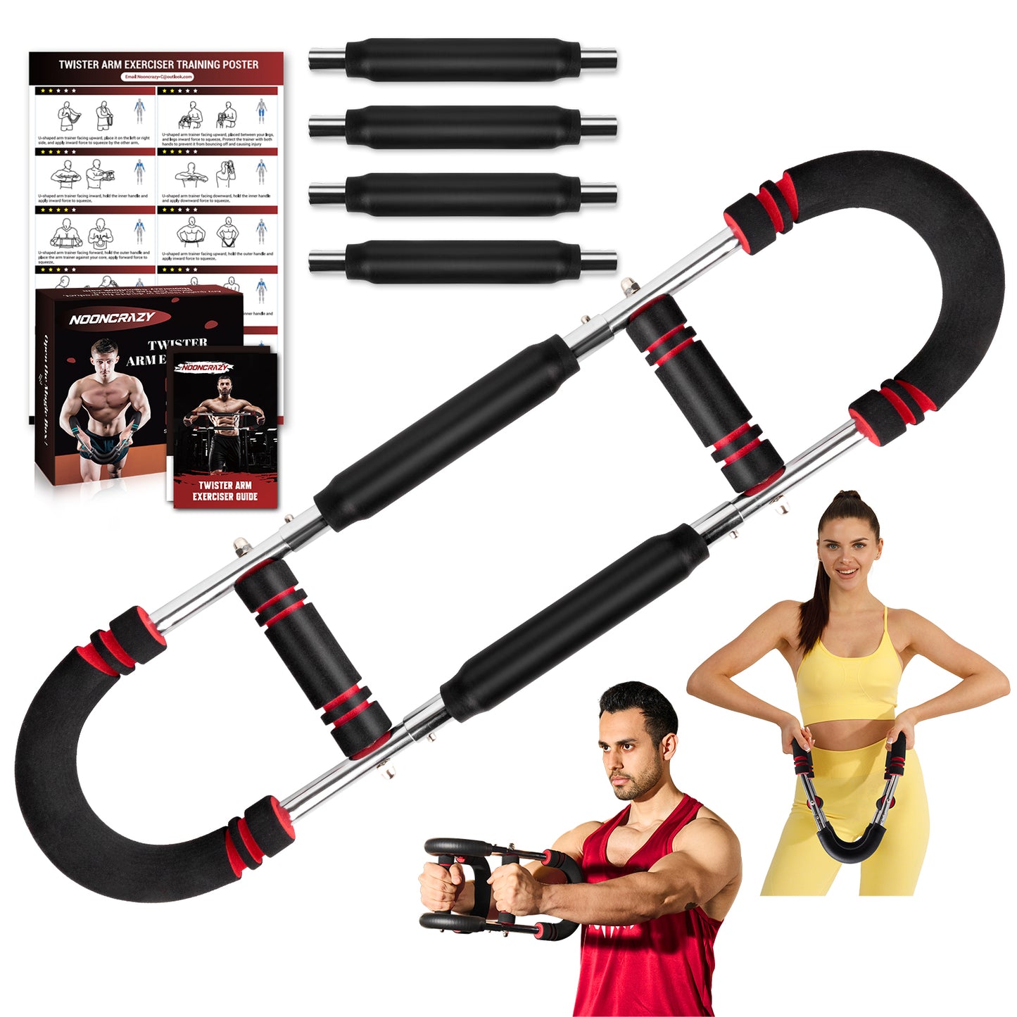 NOONCRAZY Twister Arm Trainer, 30-120 lbs Adjustable Twister Arm Chest Exerciser with 4 Spring & Poster for Men & Women, Detachable Power Twister Home Fitness Equipment for Enhancing Upper Body Muscle