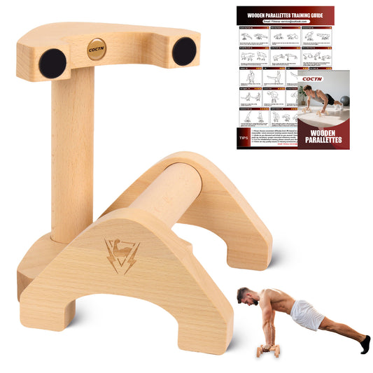 COCTN Wooden Push Up Bars, 2 PCS Solid Beech Wooden Parallettes with Embedded Non-slip Feet & Training Poster for Floor, Push Up Stands for Men Strength Training, Planks, Calisthenics & Home Gym Workout