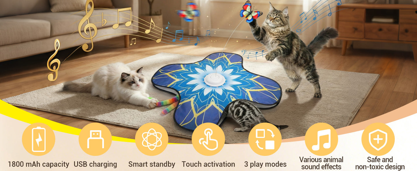 OPDEKEHA Interactive Cat Toy for Indoor Cats, Touch Activated Automatic Electronic Cat Toy with Sound On/Off, Dual Wands, Non-Slip Suction Cups, Rechargeable Hide and Seek Cat Play Mat for Bored Adult Kittens