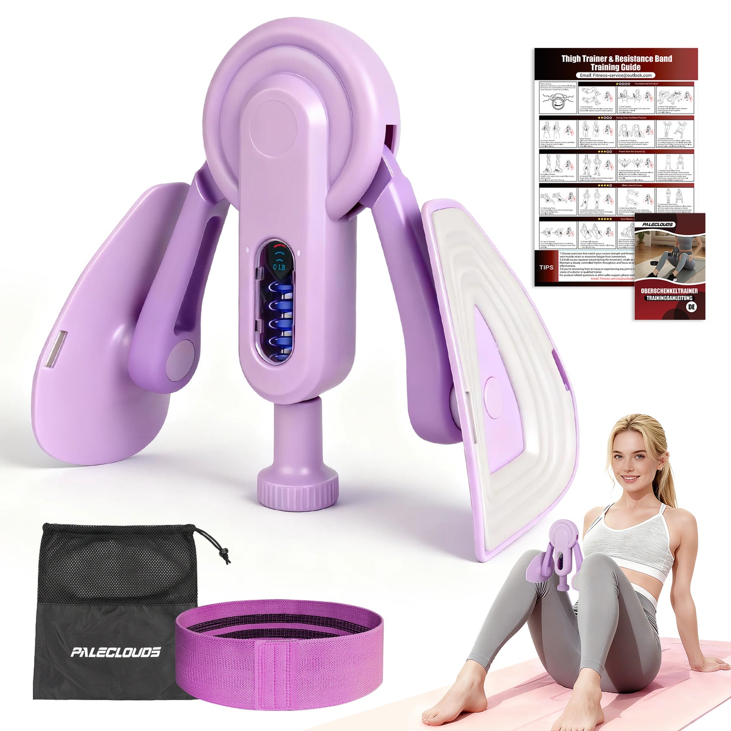 Paleclouds Oberschenkeltrainer, 10-100 lbs Beintrainer für Zuhause mit Widerstandsbändern & Trainingsposter, Multifunktionaler Beckenbodentrainer für Frauen & Männer, Adduktoren & Abduktoren Trainingsgerät