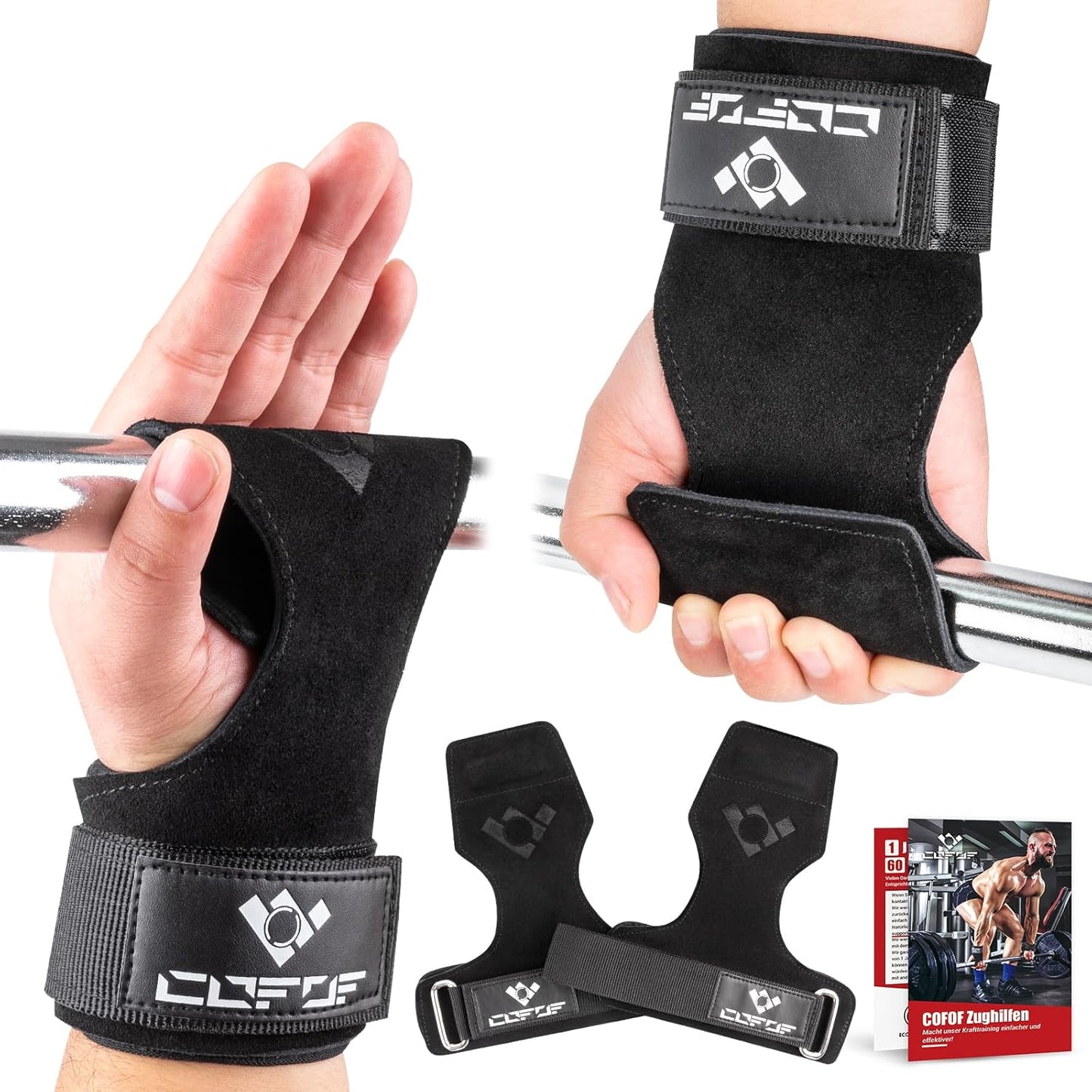 COFOF Weight Lifting Wrist Straps, Double Layer Leather Weight Lifting Hand Grips For Deadlift and Powerlifting,Adjustable Neoprene Padded Gym Workout Weightlifting Hooks for Men and Women(Pair)