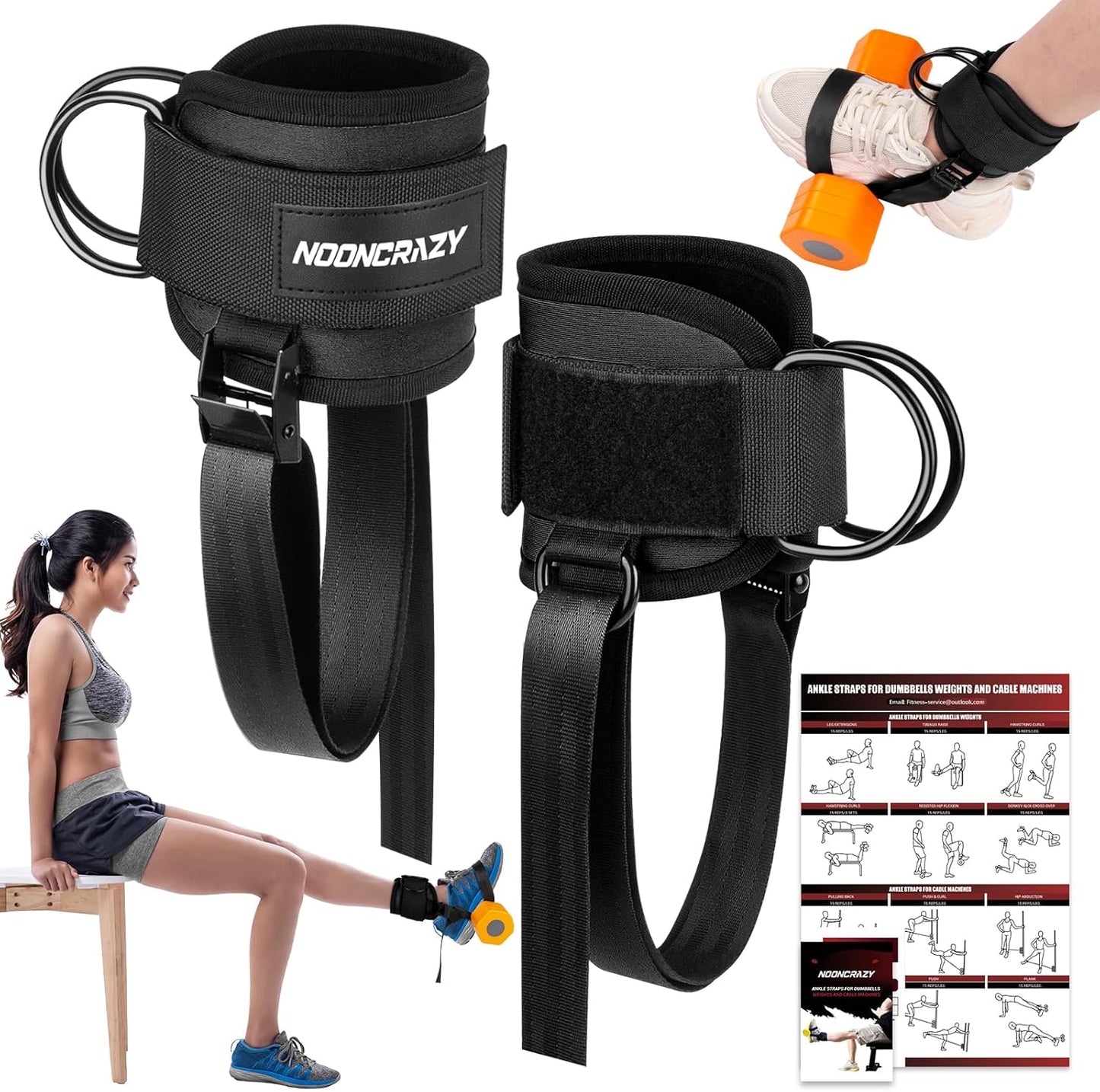 nooncrazy Ankle Straps for Dumbbell and Cable Machine, Dumbbell Foot Attachment with Longer Stronger Nylon Strap, Tibialis Trainer, Leg Extensions, Hamstring Curls for Women and Men