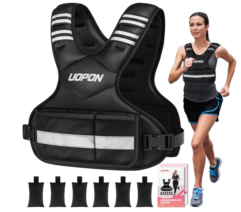 UOPON Adjustable Weighted Vest Women Men, 6-12 Lb/10-19 Lb/20-32 Lb Rucking Vest with 6 Ironsand Weights, Great Vest with Plus Pockets & Reflective Strips for Running, Walking, Workout and Strength Training