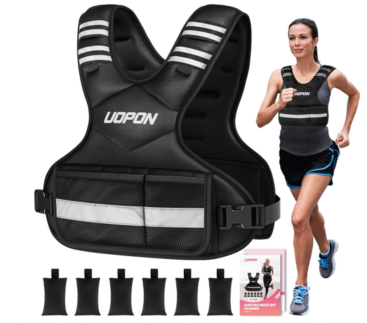 UOPON Adjustable Weighted Vest Women Men, 6-12 Lb/10-19 Lb/20-32 Lb Rucking Vest with 6 Ironsand Weights, Great Vest with Plus Pockets & Reflective Strips for Running, Walking, Workout and Strength Training