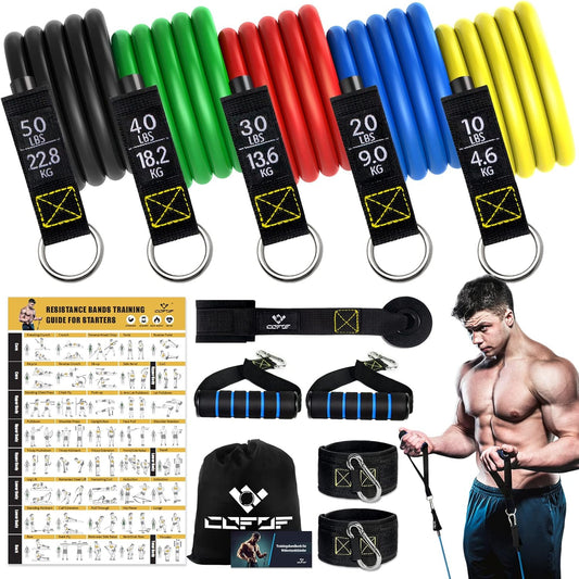 COFOF Resistance Bands Set with Handles, Exercise Bands Stackable up to 150lbs, Gym Bands with Workout Poster & Door Anchor & Ankle Straps for Fitness, Strength, Yoga, Home Gym Equipment for Men Women