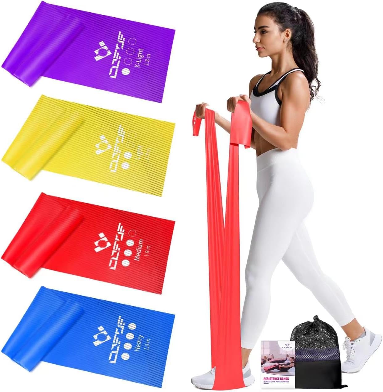 COFOF Resistance Bands, Exercise Band with 4 Resistance Levels,1.8m/5.9ft long Stretch Bands with Carry Bag & Exercise Guide, Straps for Yoga, Pilates,Strength Training