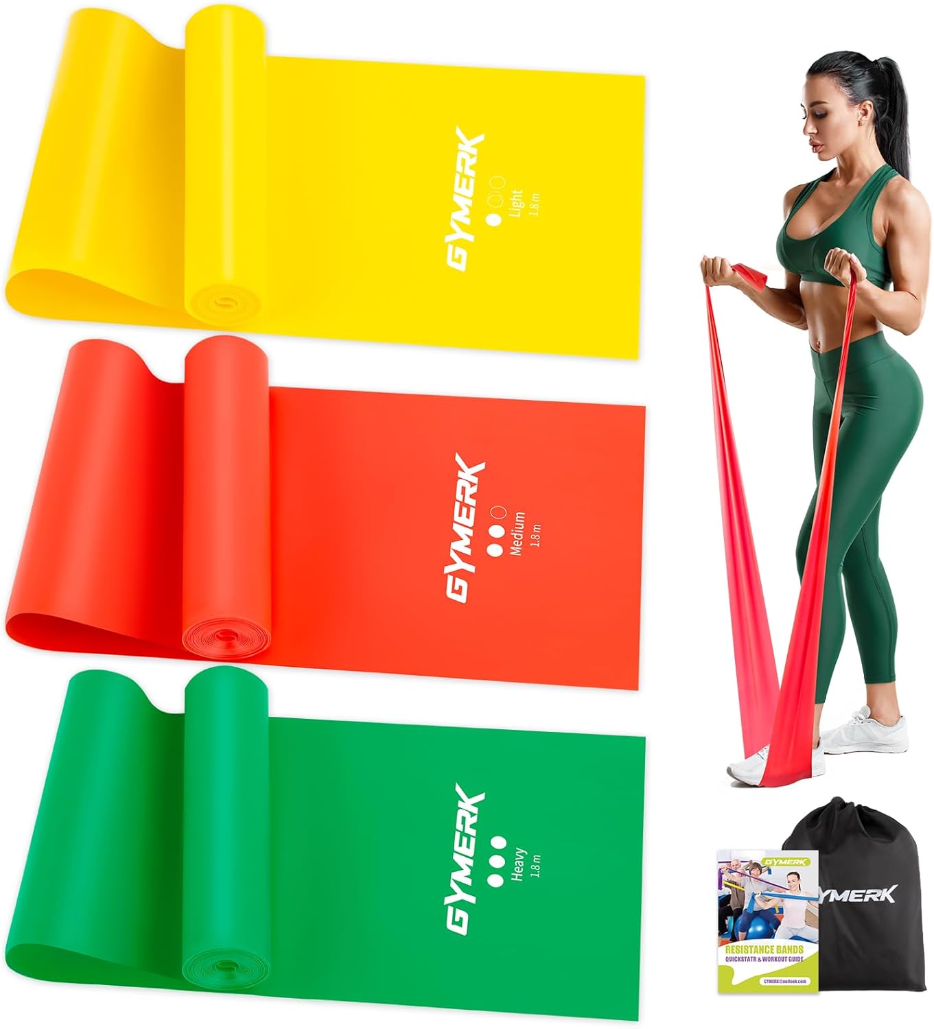 GYMERK Fitnessbänder 3er-Set, 1.8m Gymnastikband mit 3 Widerstandsstufen, Fitnessband mit Übungsanleitung, ideal für Yoga, Pilates, Krafttraining