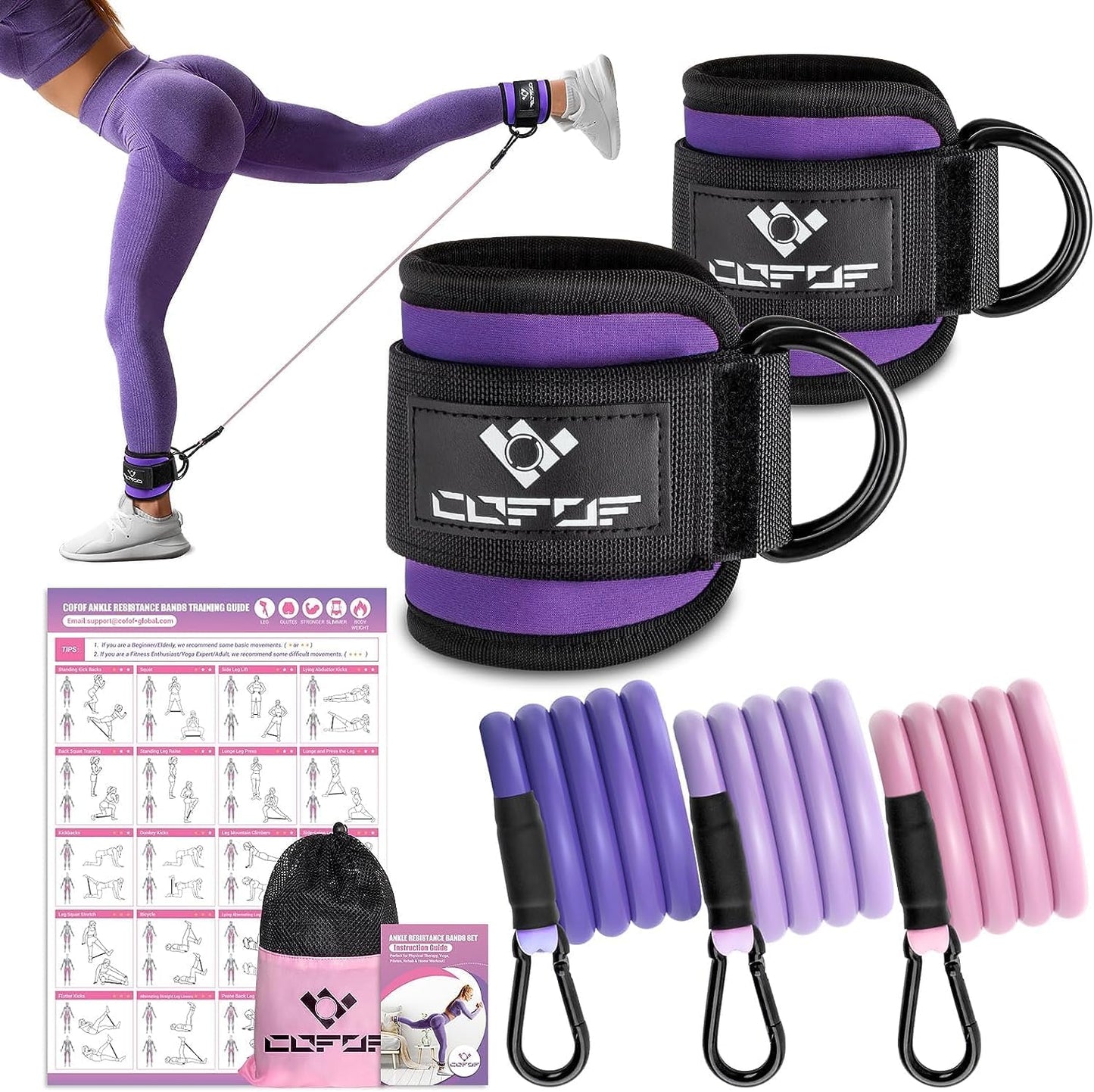 COFOF Ankle Resistance Bands with Cuffs, Ankle Bands for Working Out, Kickbacks Hip, Leg Glute Exercise Equipment with Training Poster, Resistance Workout Equipment for Women