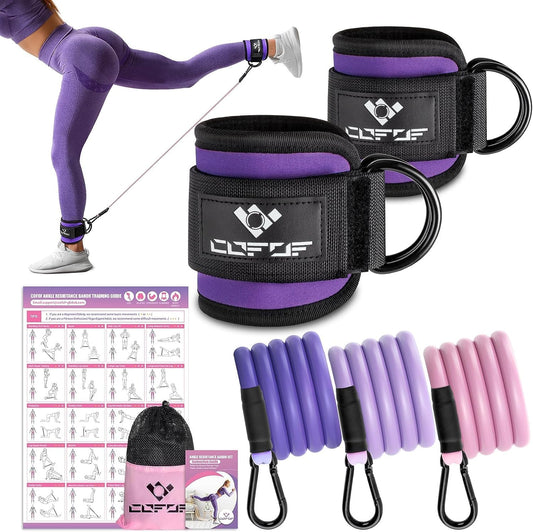 COFOF Ankle Resistance Bands with Cuffs, Ankle Bands for Working Out, Kickbacks Hip, Leg Glute Exercise Equipment with Training Poster, Resistance Workout Equipment for Women