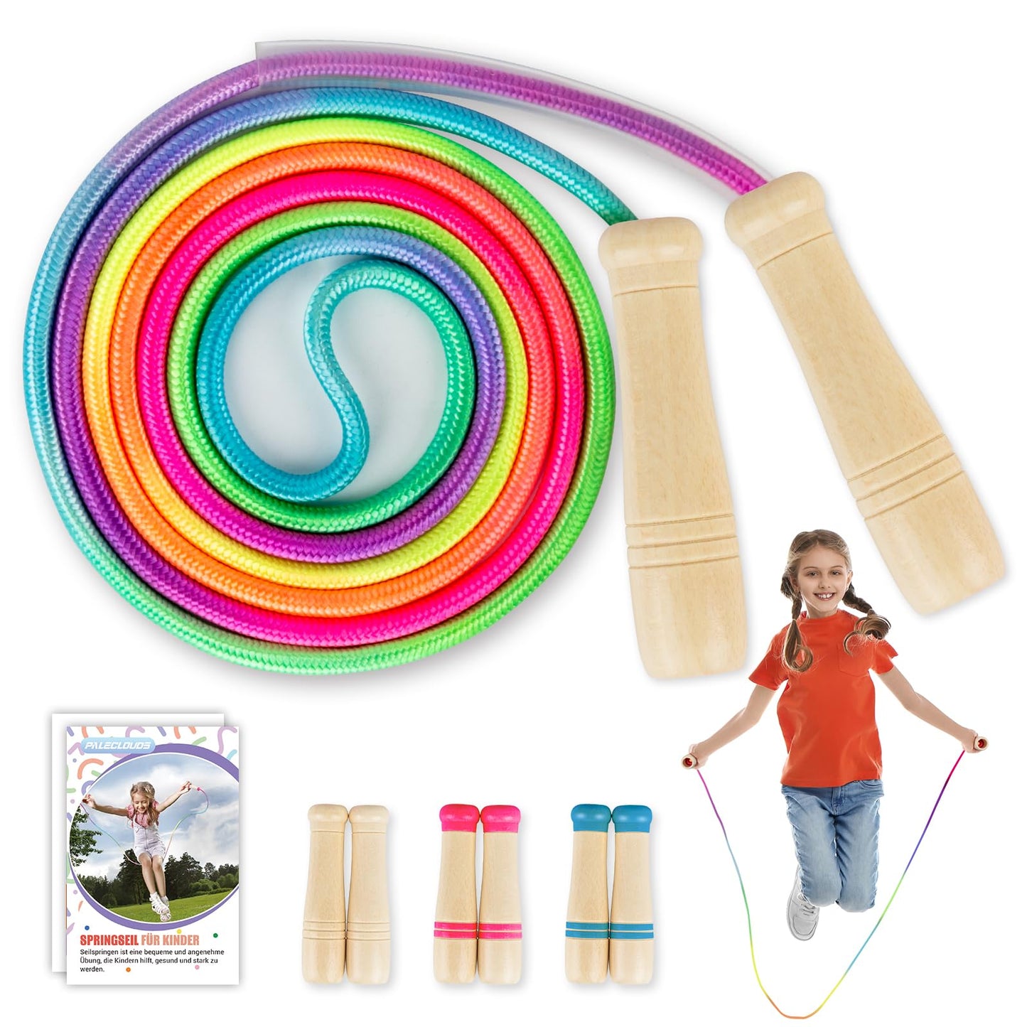 Paleclouds Springseil Kinder, Verstellbare Seilspringen für Fitness, 250CM Jump Rope Kinder mit Holzgriff und Regenbogen-Springseil, Skipping Rope Kids für Jungen und Mädchen 4 5 6 7 8 9 10 jahre