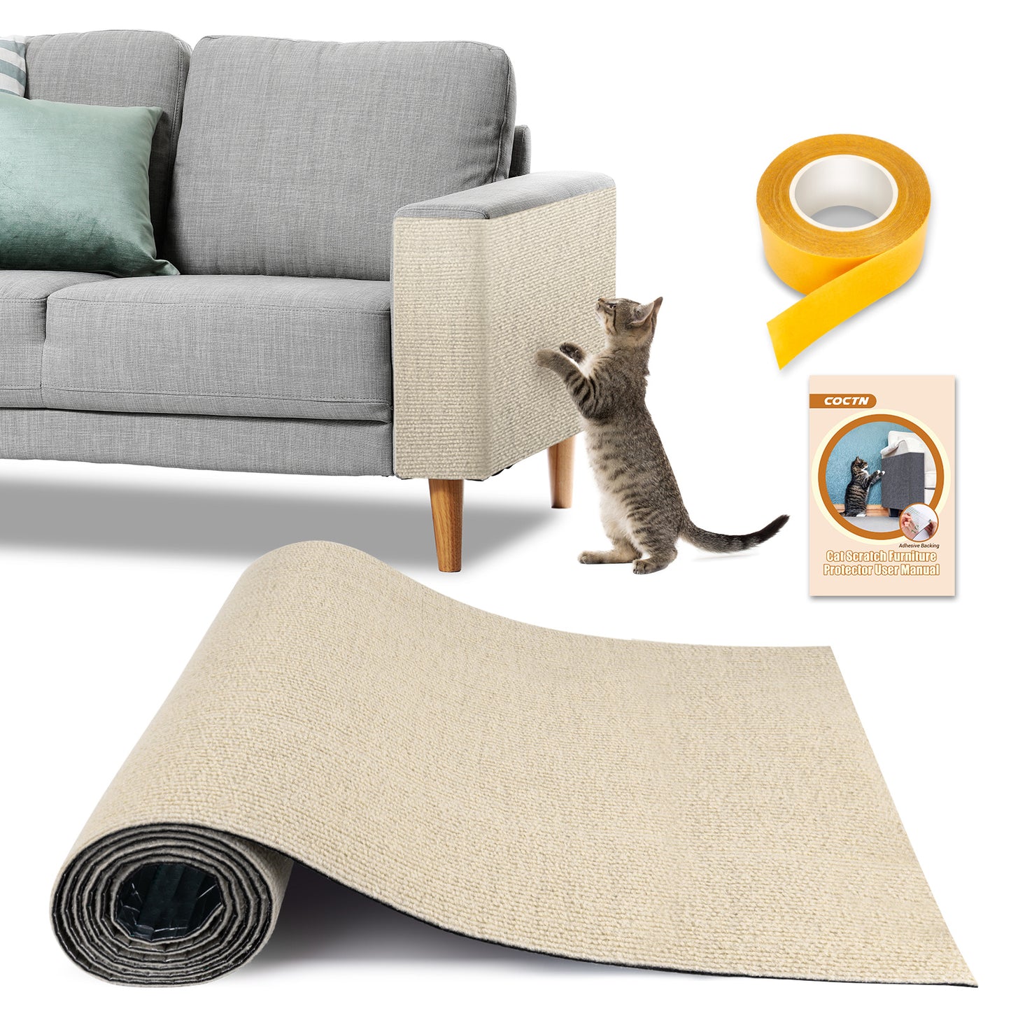 Cat Scratch Couch Furniture Protector, 90" x 16" Trimmable Anti-Scratch Couch Protector from Cat Claws with Double Self-Adhesive Carpet, Great for Sofa & Indoor Wooden Furniture (Off White)