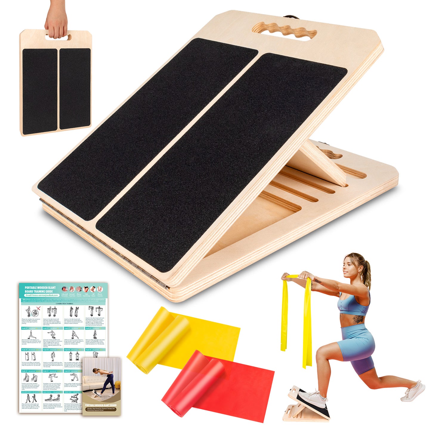 ODCPN Wooden Slant Board for Calf Stretching, Portable Adjustable Calf Stretch Board with Training Poster & Resistance Bands, 300lb Weight Capacity Calf Ankle Achilles Physical Therapy Leg Exercisers
