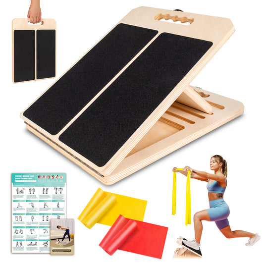 ODCPN Wooden Slant Board for Calf Stretching, Portable Adjustable Calf Stretch Board with Training Poster & Resistance Bands, 300lb Weight Capacity Calf Ankle Achilles Physical Therapy Leg Exercisers