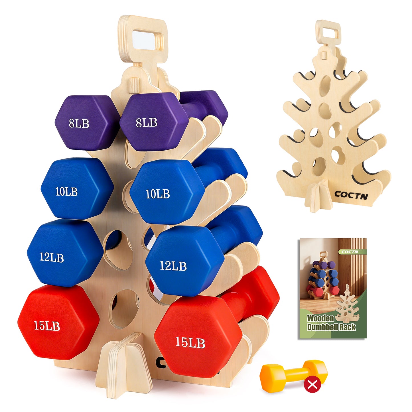 COCTN Dumbbell Rack Stand Only, Wooden 4-Tier Small Weight Holders for 5-15lbs Free Weights & Women, Compact A-Frame Hand Weight Rack for Home Gym Space Saving (Dumbbells Not Included)
