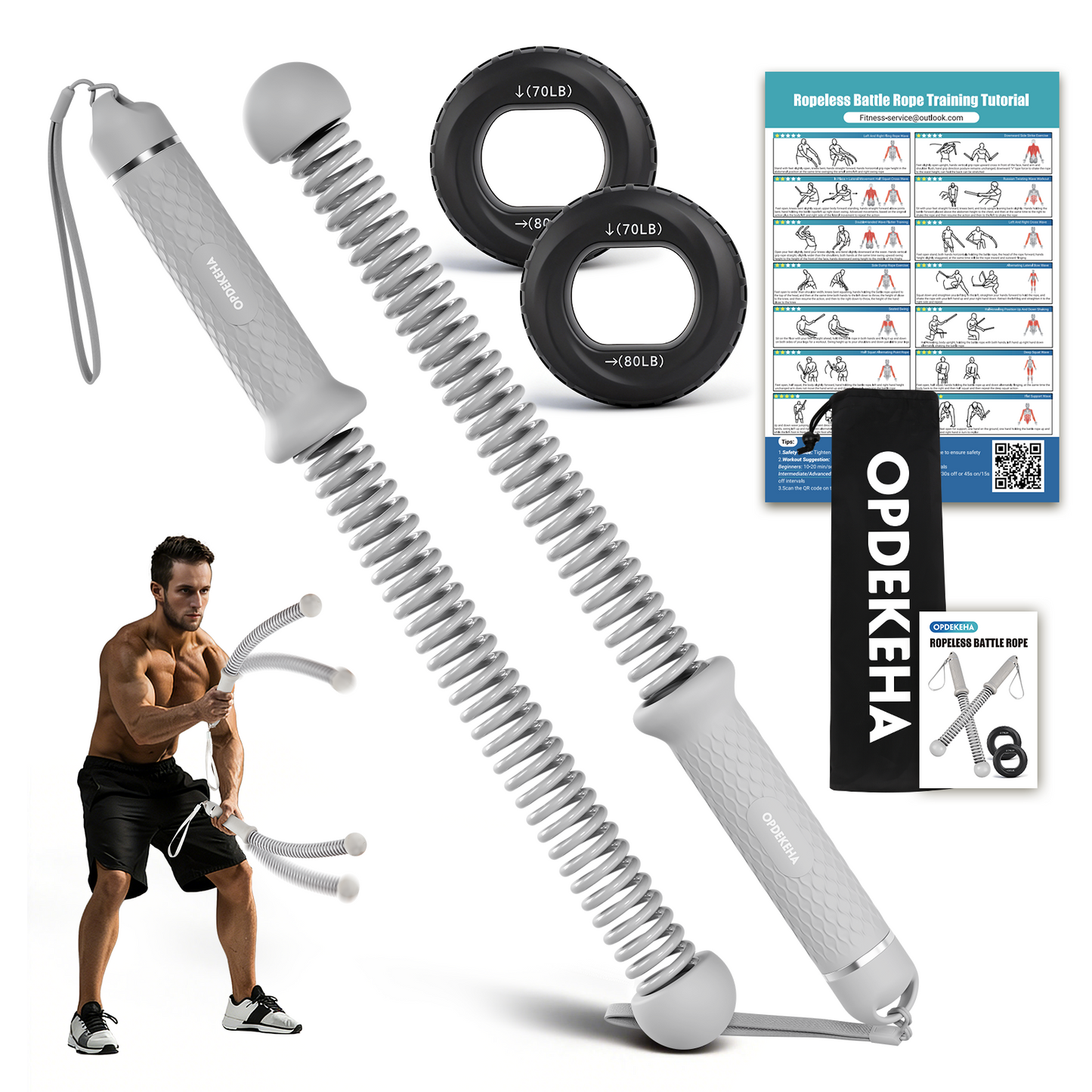 OPDEKEHA Weighted Ropeless Battle Ropes for Home Gym, Heavy Duty Portable Cordless Battle Rope with Grip Strengtheners & Poster, Battle Rope Sticks for HIIT, Strength & Quiet Cardio Training Men & Women(2PCS)