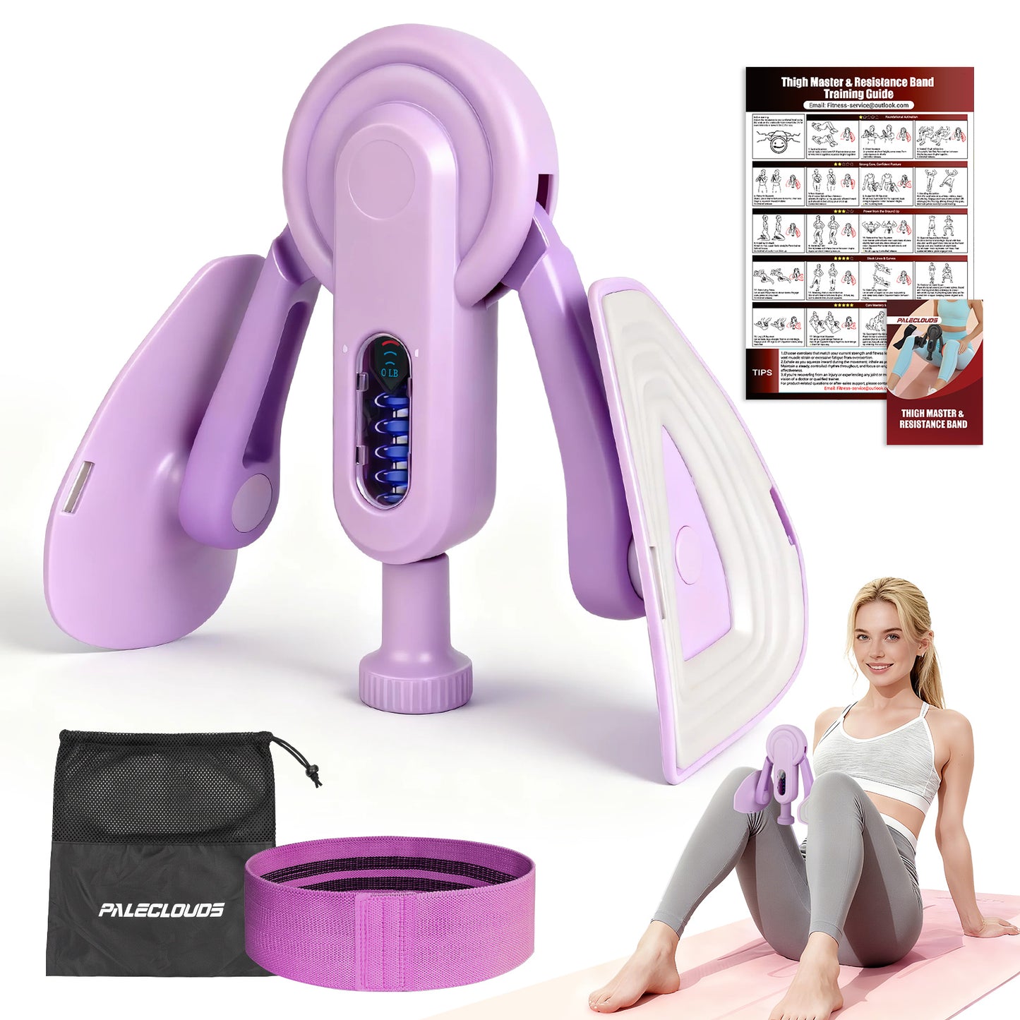 Paleclouds Thigh Trainer Thigh Exerciser, 10-100lb/45kg Adjustable Resistance Pelvic Floor Trainer with Leg Band & Poster for Kegel Exercise, Inner Thigh Exerciser for Home Gym Workout Equipment