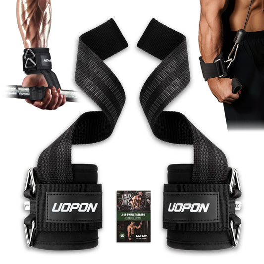 UOPON Weight Lifting Straps, 2-in-1 Anti-Slip Gym Straps with Comfortable Neoprene Padding, Gym Wrist Straps with Cuffed D Ring for Weightlifting, Pull-Ups & Cable Workouts, Men(Pair)