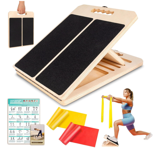 Wadendehner Schrägbrett aus Holz, 5 Winkeln Slant Stretch Board mit Trainingsposter und 2 Widerstandsbändern, Verstellbar Wadenstrecker mit Tragegriff, Mobility Balance Board, Schräges Brett (Black)