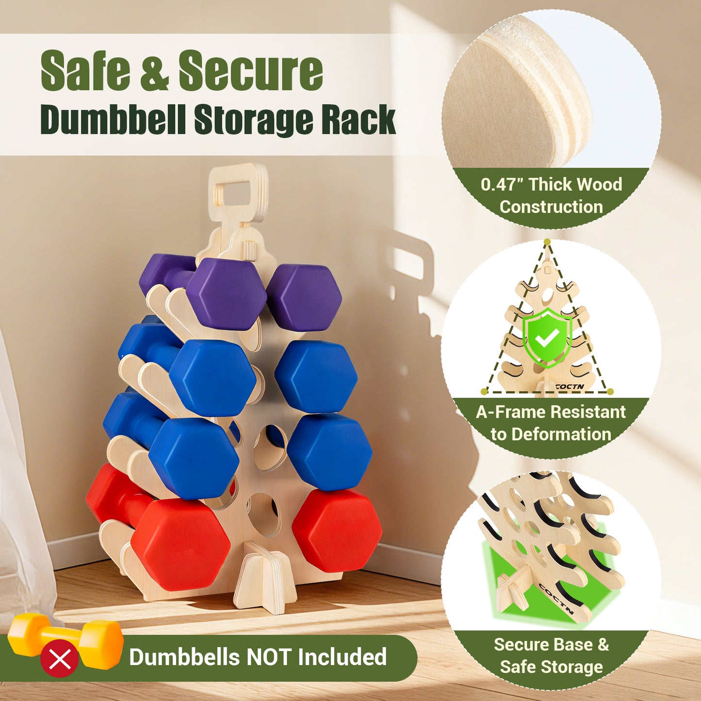 COCTN Dumbbell Rack Stand Only, Wooden 4-Tier Small Weight Holders for 5-15lbs Free Weights & Women, Compact A-Frame Hand Weight Rack for Home Gym Space Saving (Dumbbells Not Included)