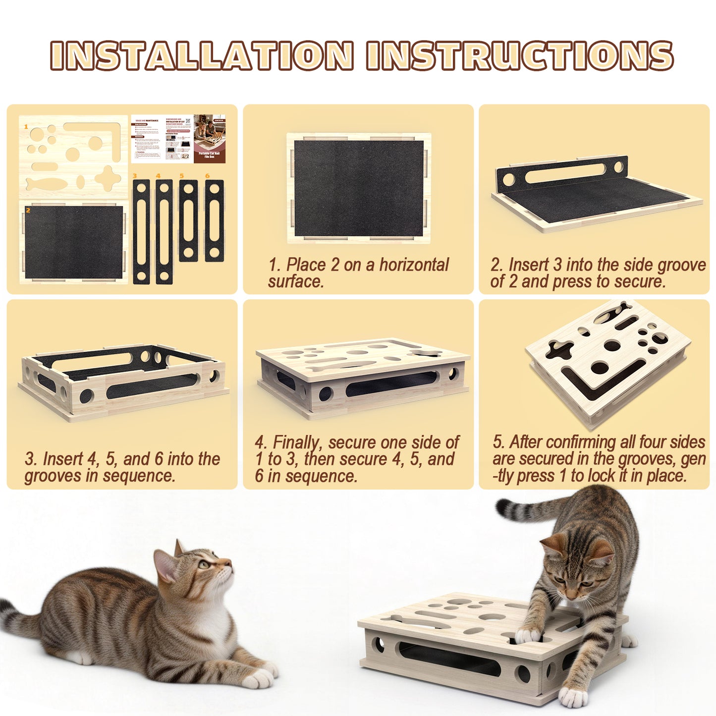 YangKu Cat Scratch Puzzle Enrichment Box, Large Solid Wood Construction Cat Nail File Enrichment Box with Sandpaper Inside, Cat Nail File Box Stress Free Alternative to Clippers and Grinders(No Bell Ball)