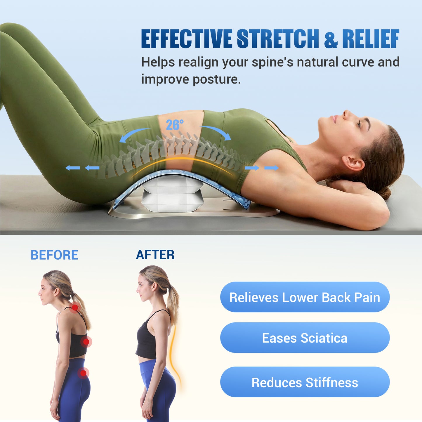 OPDEKEHA Back Stretcher for Lower Back Pain Relief, Adjustable Lumbar Support Board with Acupressure Points, Back Stretcher Board for Scoliosis, Spine Decompression Support