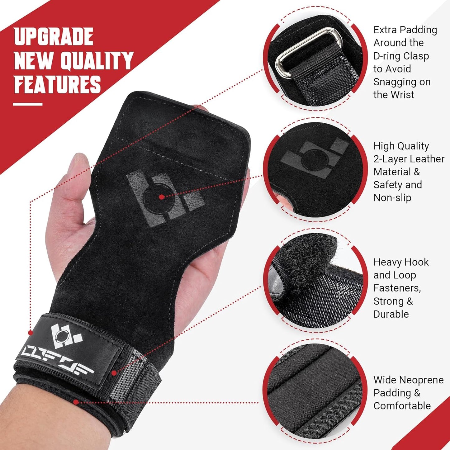 COFOF Weight Lifting Wrist Straps, Double Layer Leather Weight Lifting Hand Grips For Deadlift and Powerlifting,Adjustable Neoprene Padded Gym Workout Weightlifting Hooks for Men and Women(Pair)