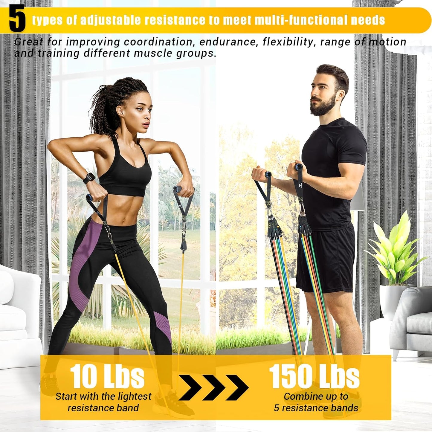 COFOF Resistance Bands Widerstandsbänder Set, 5 Fitnessbänder Expander Tube Bands, Fitnessband mit Großem Griff Knöchelriemen Türankerbefestigung Tragtasche, Ideal für Pilates Krafttraining