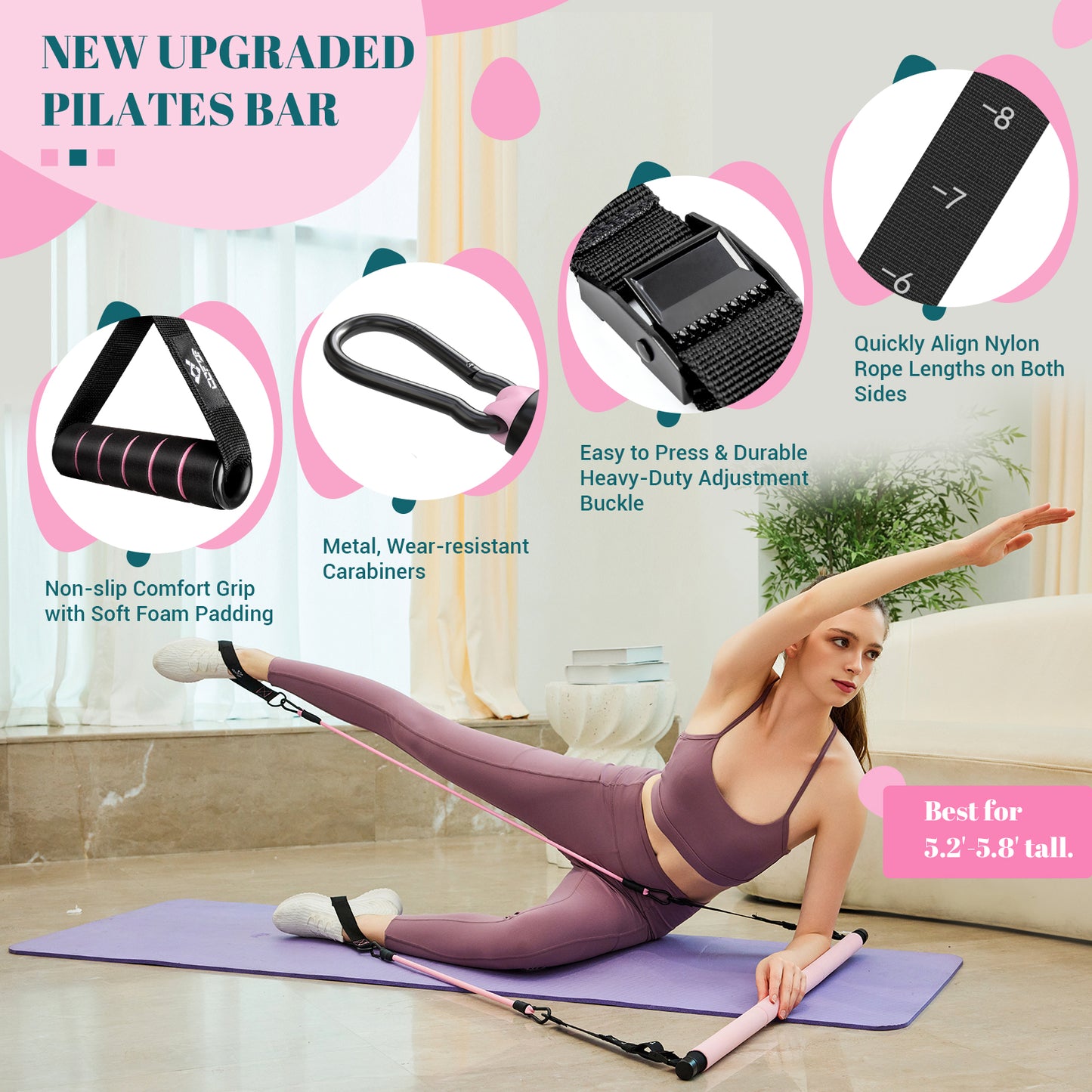COFOF Pilates Bar Kit with Resistance Bands, Multifunctional Yoga Pilates Bar with Heavy-Duty Metal Adjustment Buckle, Portable Home Gym Pilates Resistance Bar Kit for Women Full Body Workouts