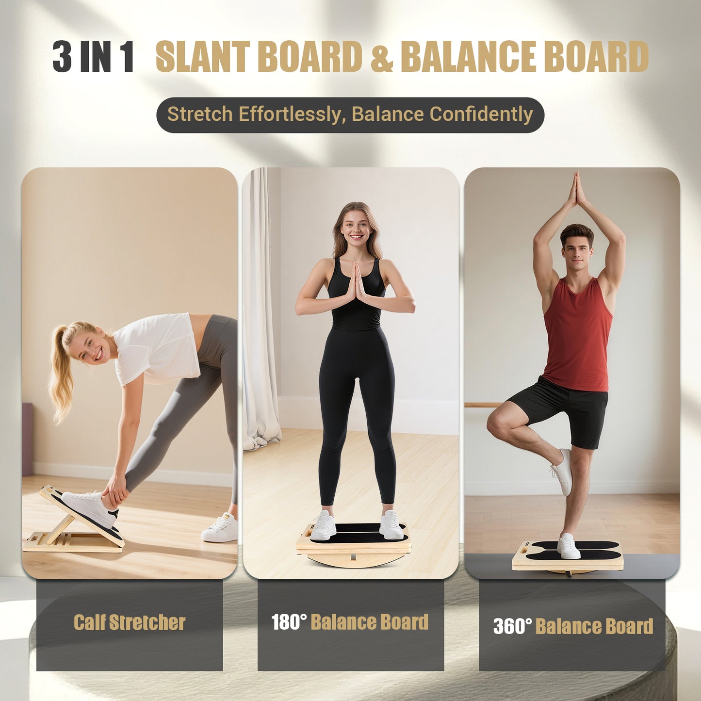 ODCPN 3-in-1 Slant Board & 180°/360° Balance Board, Portable 6 Angle Adjustable Calf Stretcher with Training Poster, Anti-Slip 300LBS Wobble Board for Physical Therapy, Standing Desk & Core Strength