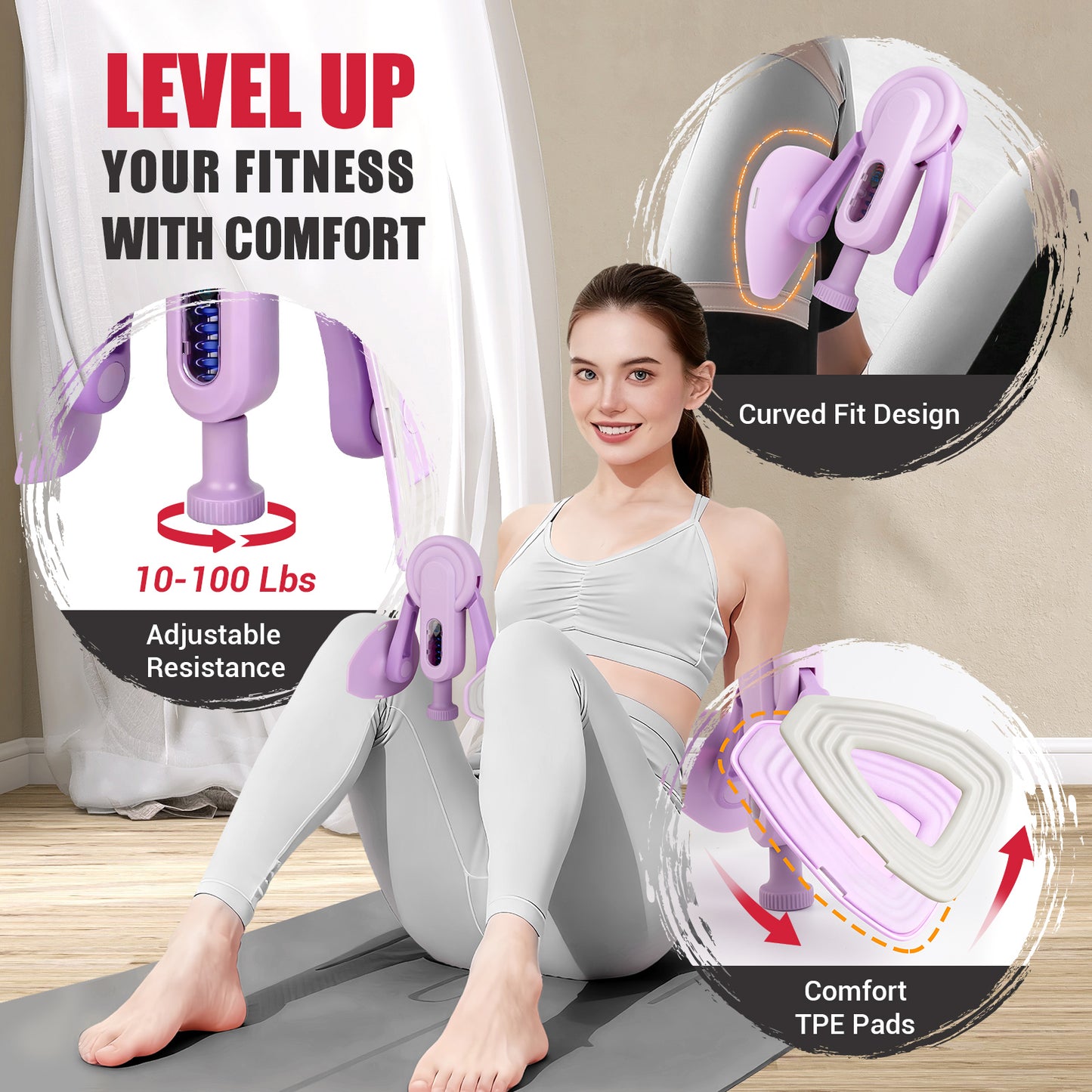 Paleclouds Thigh Trainer Thigh Exerciser, 10-100lb/45kg Adjustable Resistance Pelvic Floor Trainer with Leg Band & Poster for Kegel Exercise, Inner Thigh Exerciser for Home Gym Workout Equipment