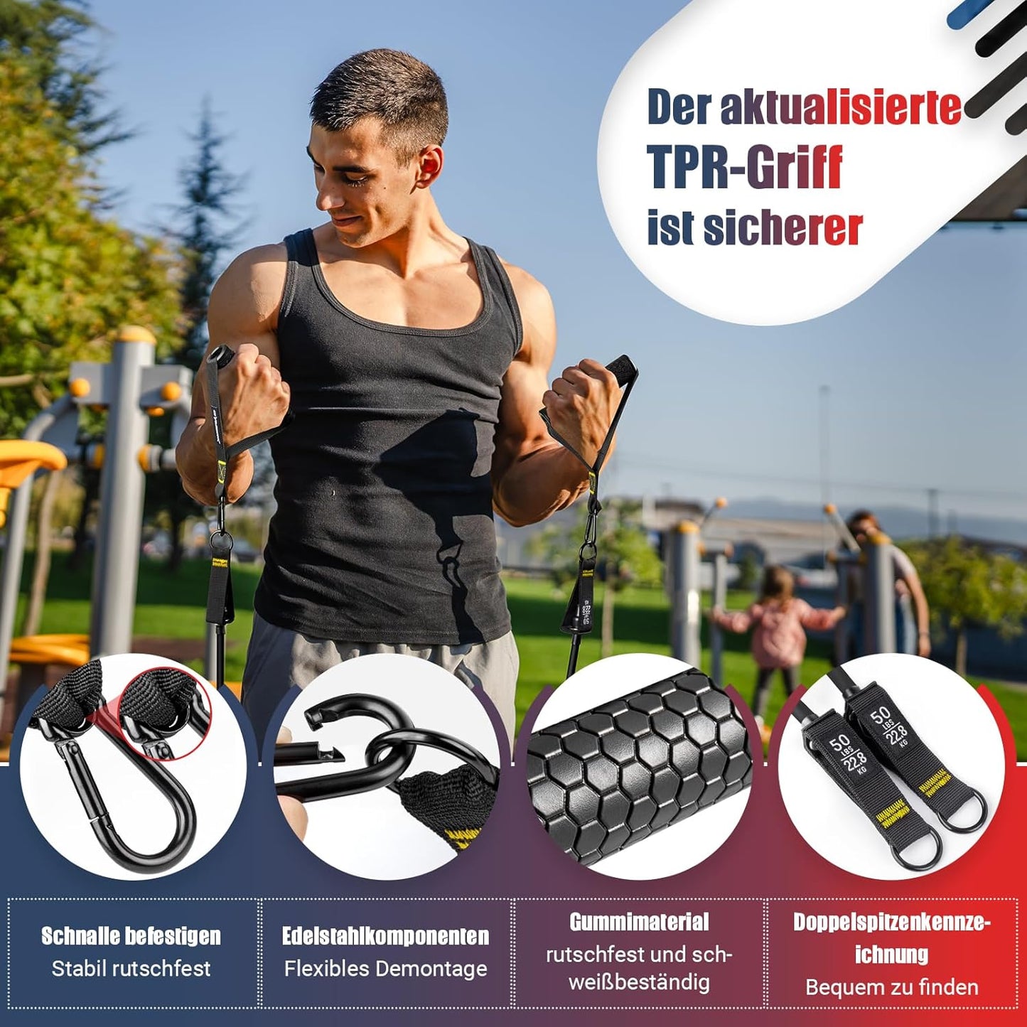 GYMERK Resistance Bands Set, Expander Fitness Mit Gummigriffe, Trainingsplakat, Knöchelriemen, Türanker, Tragtasche, 5er Verschiedene Widerstandsstufen Ideal für Krafttraining