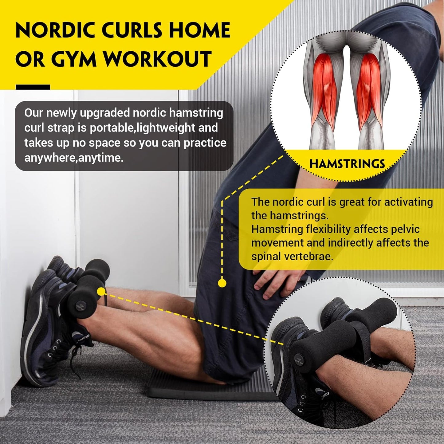COFOF Nordic Hamstring Curl Strap, Nordic Curl Strap Holds 420 Pounds Great for Hamstring Curls, Sit-ups, Spanish Squats, Ab Workout, 5 Second Setup Nordic Curl Strap Home Fitness Equipment